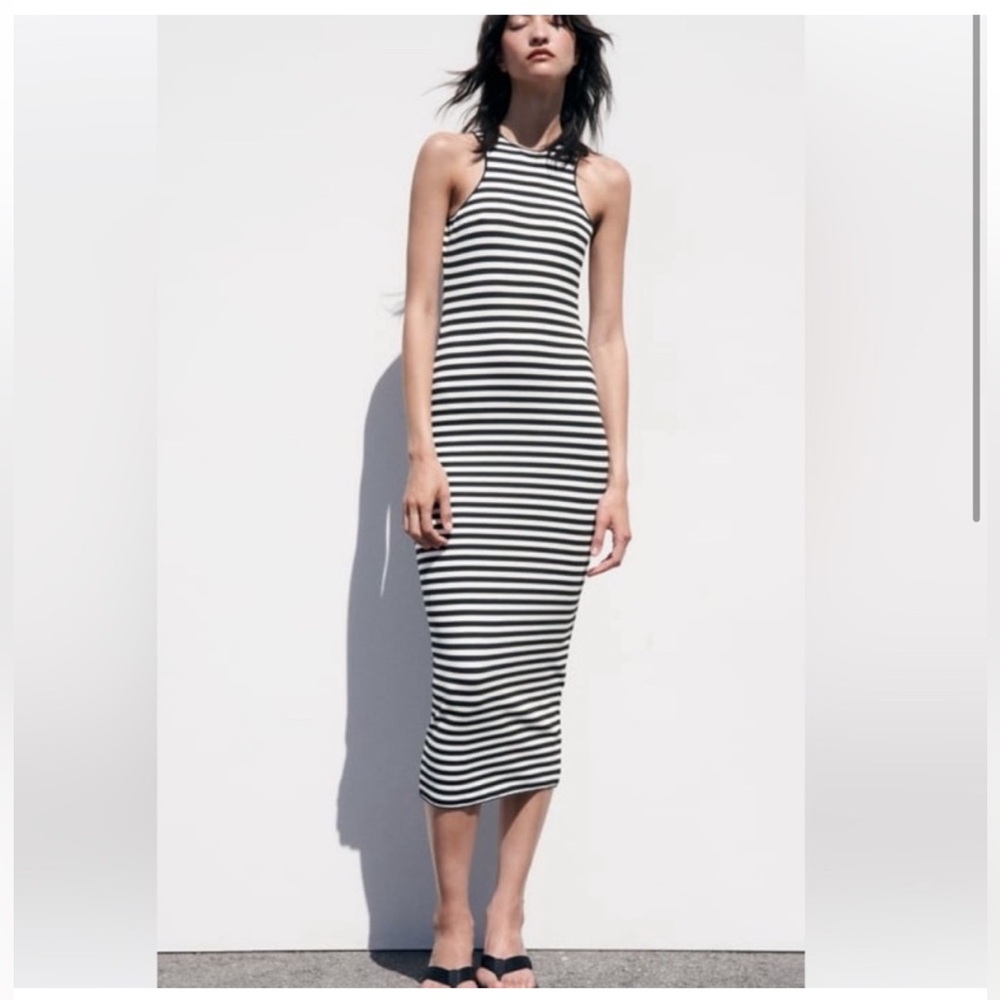 Zara Black and White Striped Midi Dress